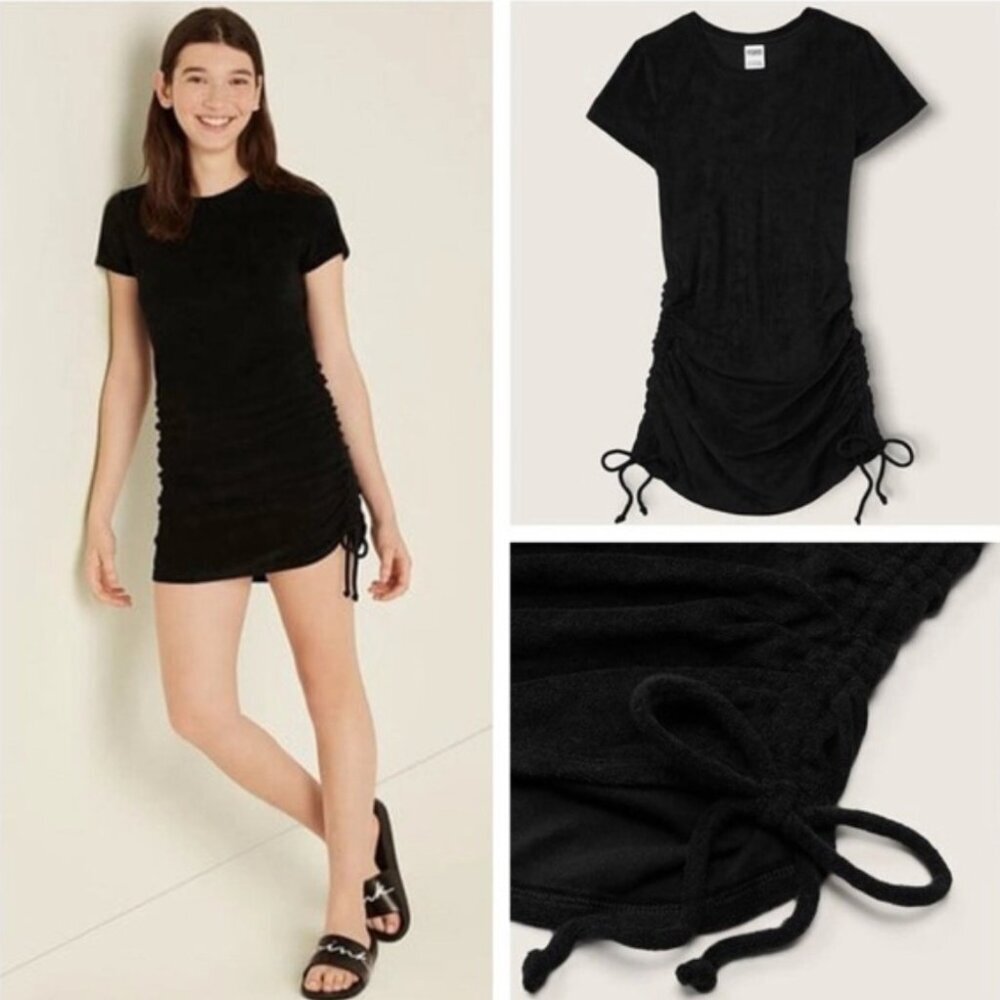 NWT PINK Victoria's Secret Short Dress Black Terry w/Ruched Side Medium